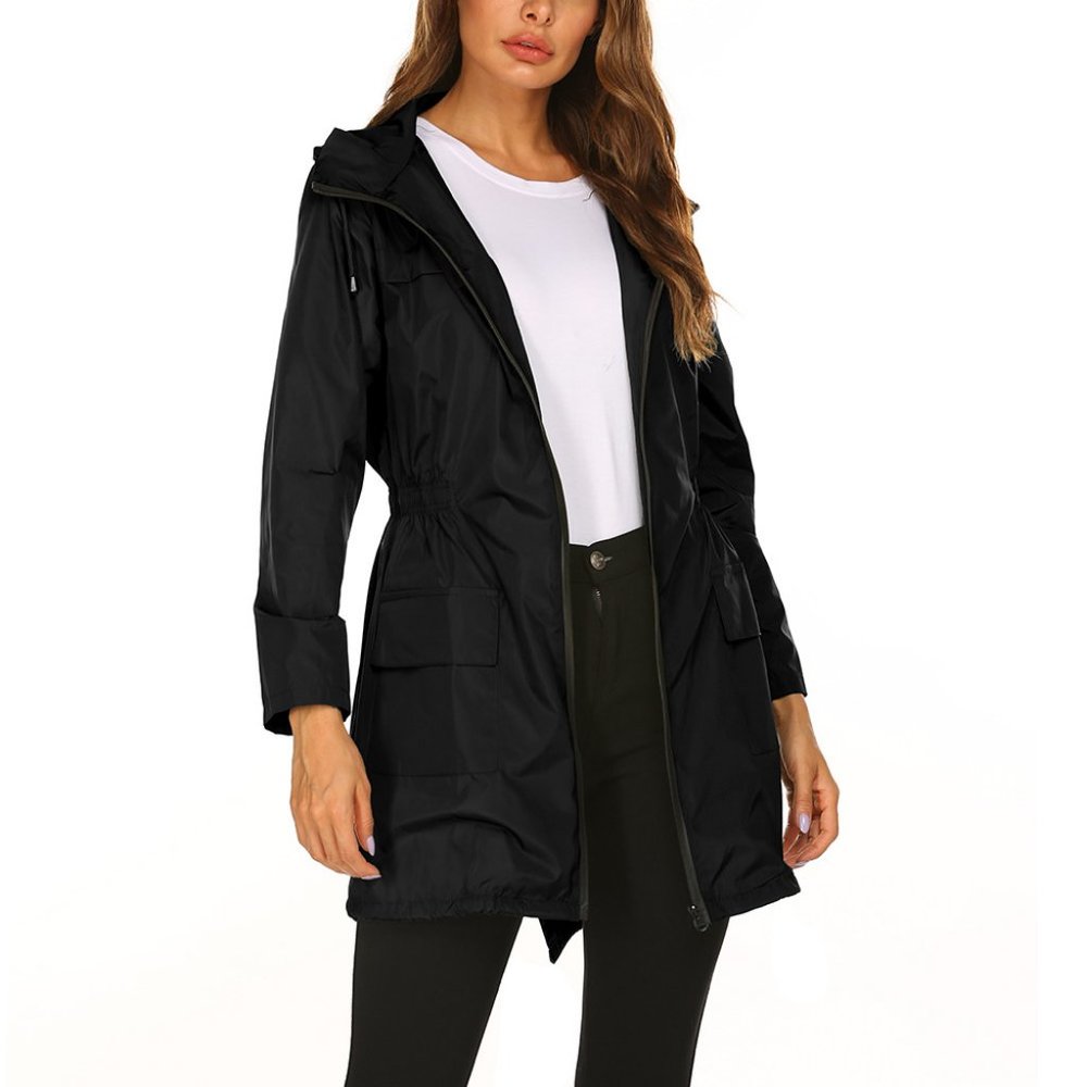 Women's Waterproof Jacket Ladies Hooded Outdoor Long Sleeve Raincoat Black S-XXL - Picture 5 of 6